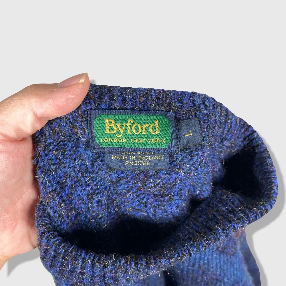 Byford Wool Sweater Mens L Blue Geometric Vintage Grandpacore Made in England
